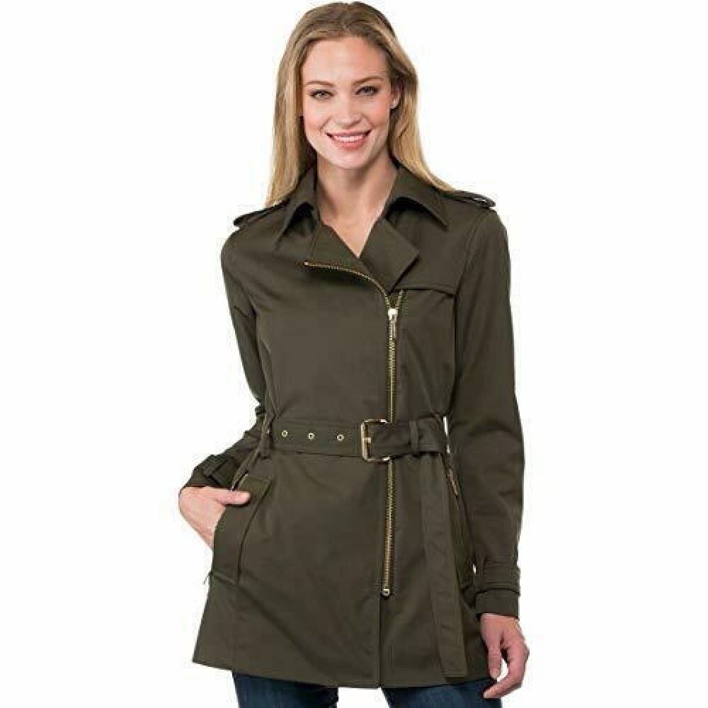 Michael Michael Kors Trench Coat Womens Medium Olive Belted Zip Pockets Epaulet